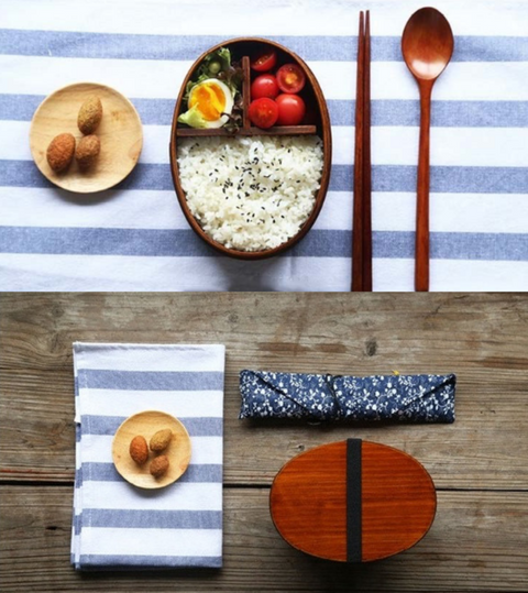 wood lunch box and cutlery set