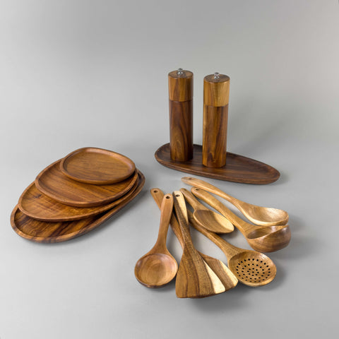 acacia wood kitchenware and cookware sets - utensils, plates, trays and peppermills set