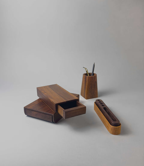 Minimal modern wooden desk organizers, desk drawers and pen holders