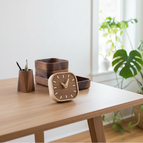 Set of wooden desk organizers including walnut stackable modular trays, an acacia penholder vessel and walnut silent clock