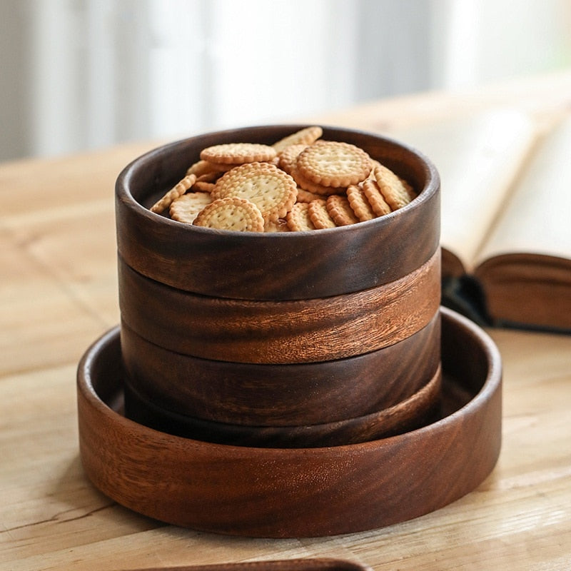 large and small round wooden trays for food and snacks