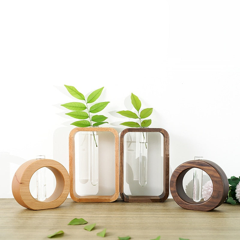 round and rectangle wood and glass tube vase