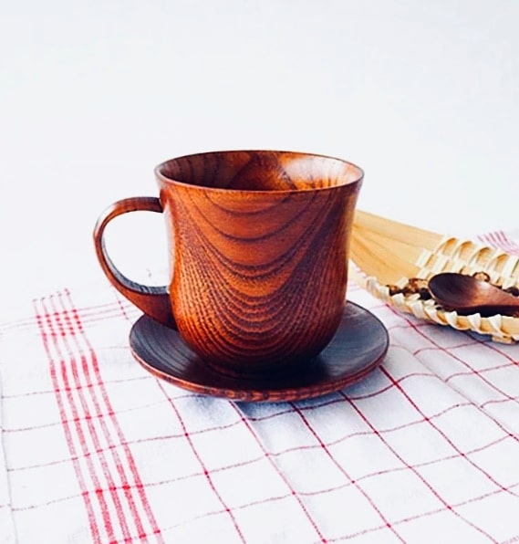 Wooden Tea Cup With Saucer And Spoon (Set of 2)