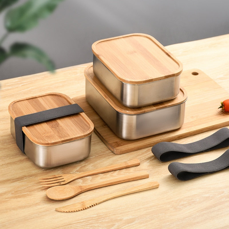 Stainless Steel Bamboo Wood Lid Lunch Box Portable Picnic Camping